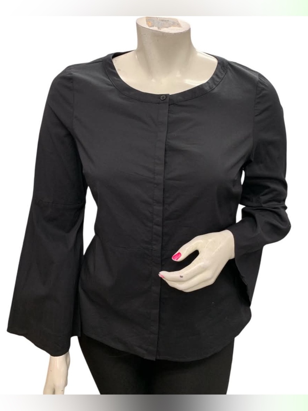 H by Halston Black Button-Front Bell Sleeve Top Size L